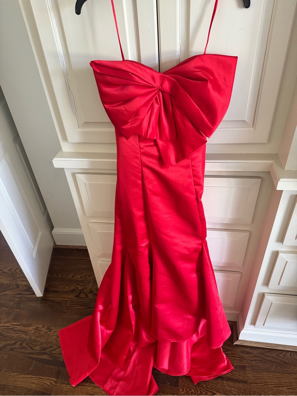 Mac Duggal Red Strapless Mermaid Prom Dress with Bow Detail